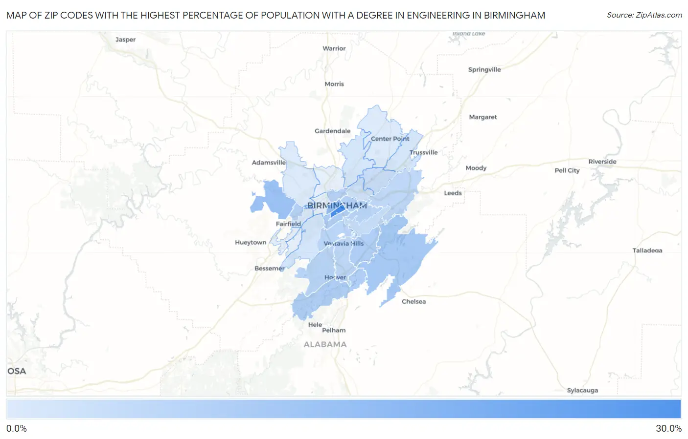 Zip Codes with the Highest Percentage of Population with a Degree in Engineering in Birmingham Map