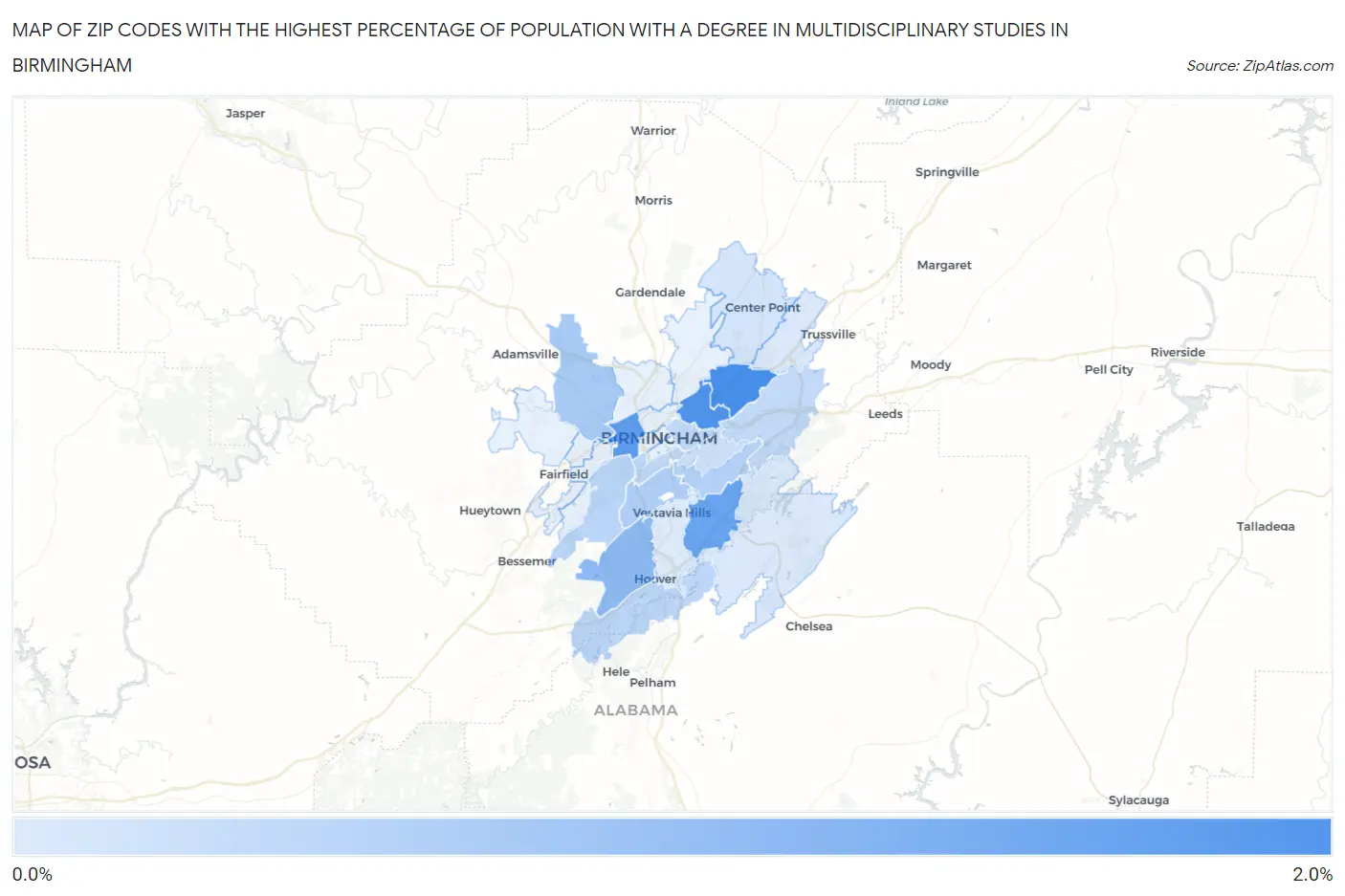 Zip Codes with the Highest Percentage of Population with a Degree in Multidisciplinary Studies in Birmingham Map
