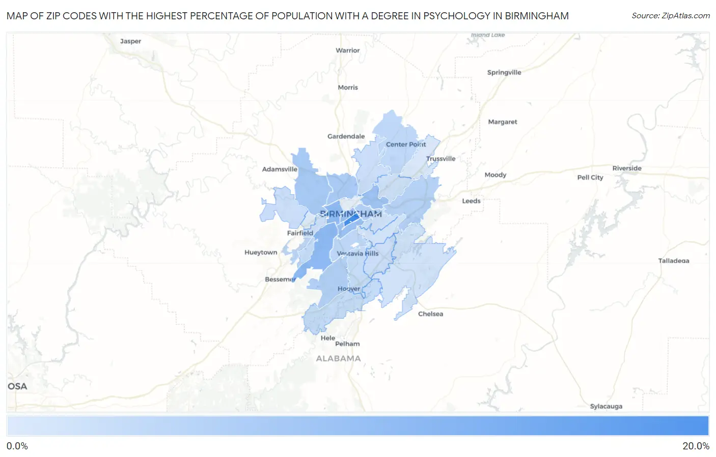 Zip Codes with the Highest Percentage of Population with a Degree in Psychology in Birmingham Map