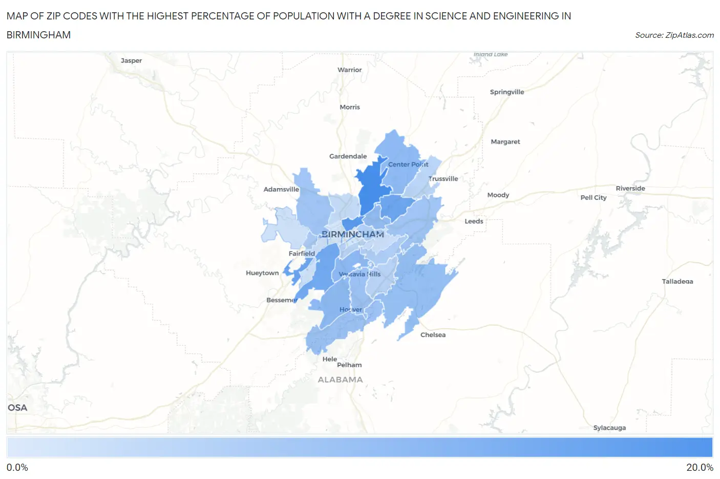 Zip Codes with the Highest Percentage of Population with a Degree in Science and Engineering in Birmingham Map