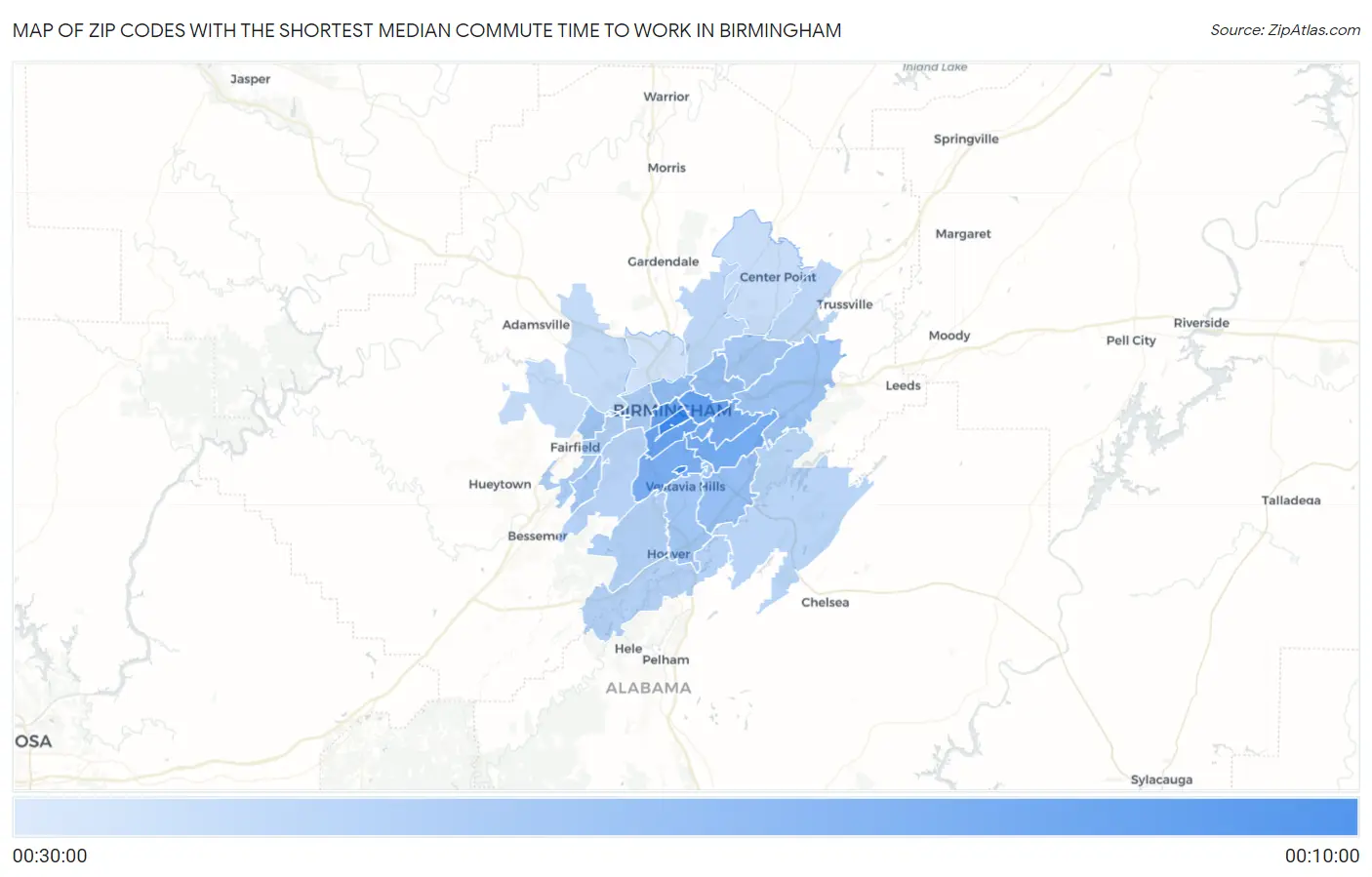 Zip Codes with the Shortest Median Commute Time to Work in Birmingham Map