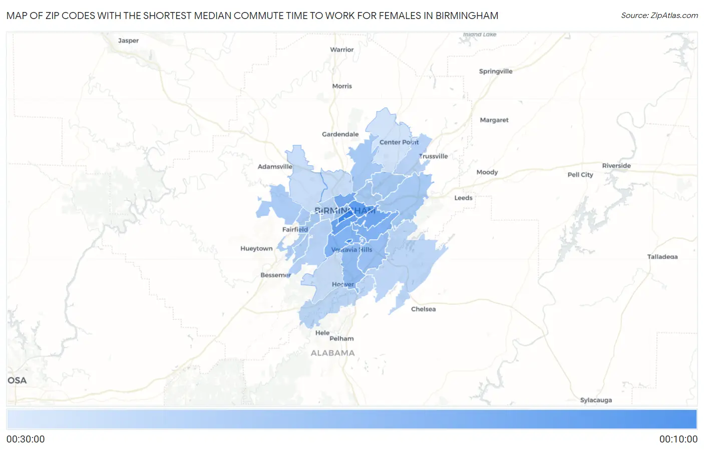 Zip Codes with the Shortest Median Commute Time to Work for Females in Birmingham Map