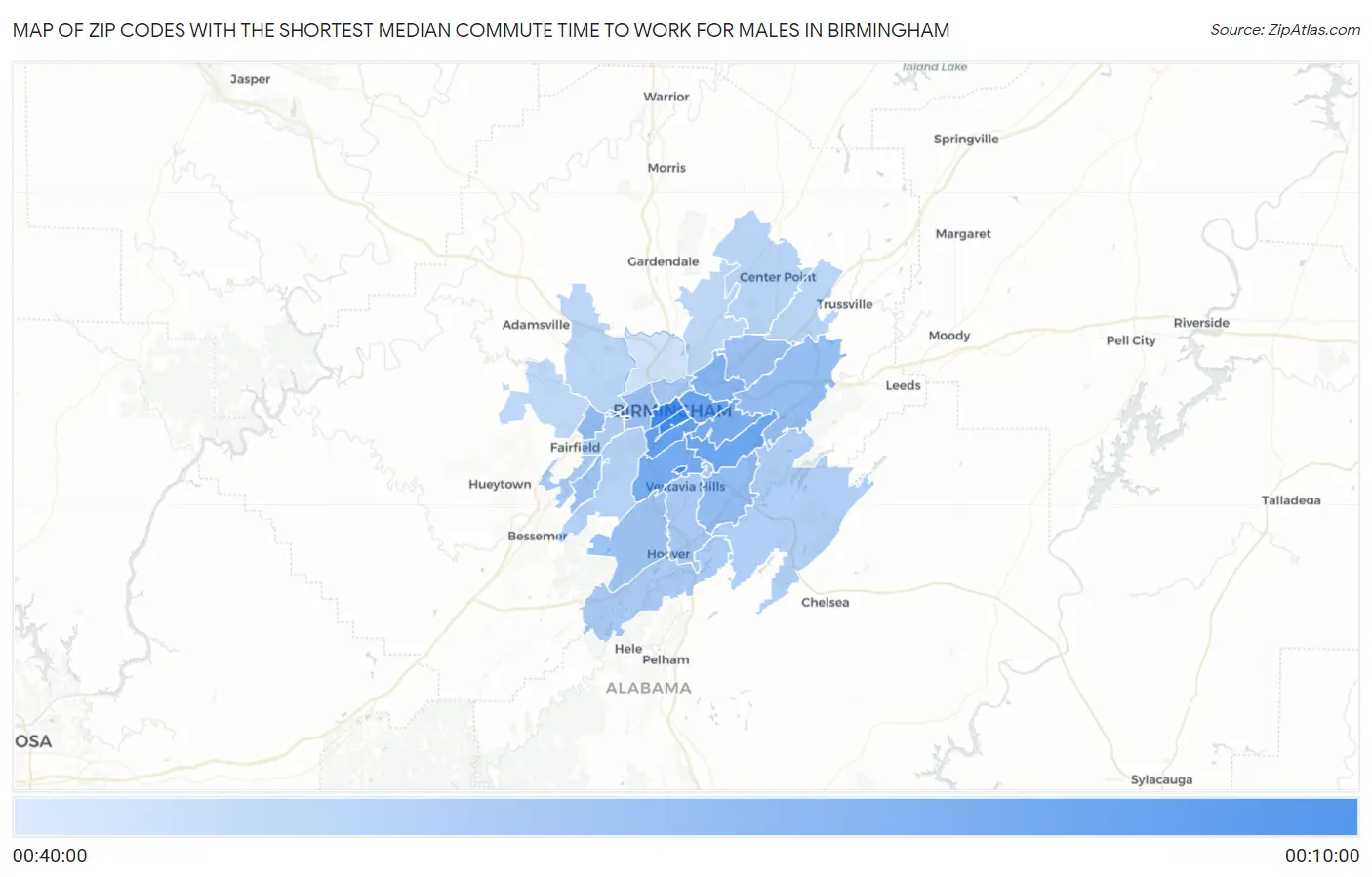 Zip Codes with the Shortest Median Commute Time to Work for Males in Birmingham Map