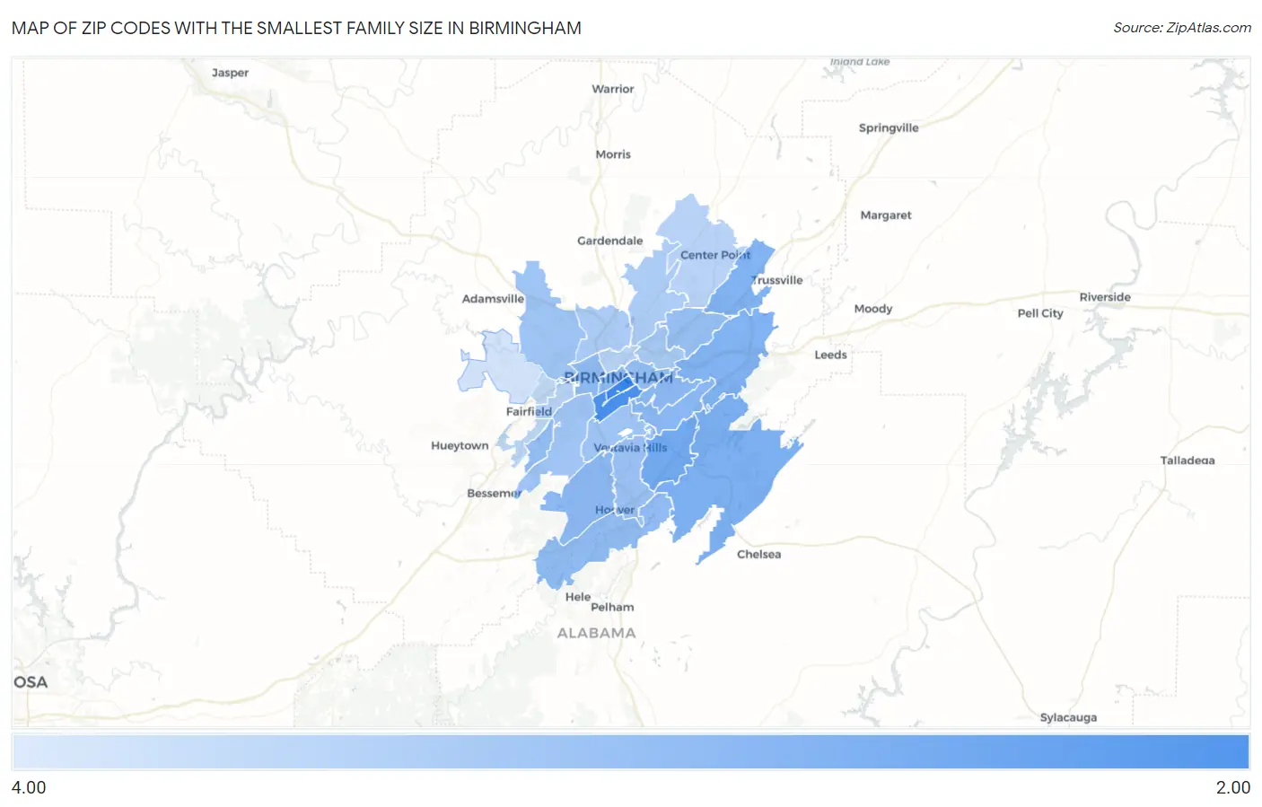 Zip Codes with the Smallest Family Size in Birmingham Map