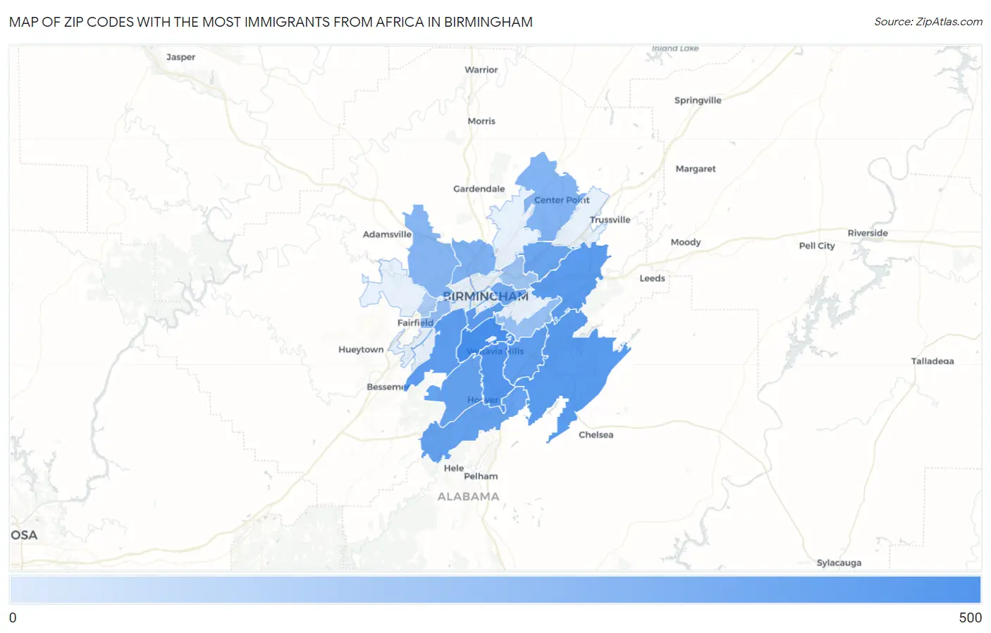 Zip Codes with the Most Immigrants from Africa in Birmingham Map