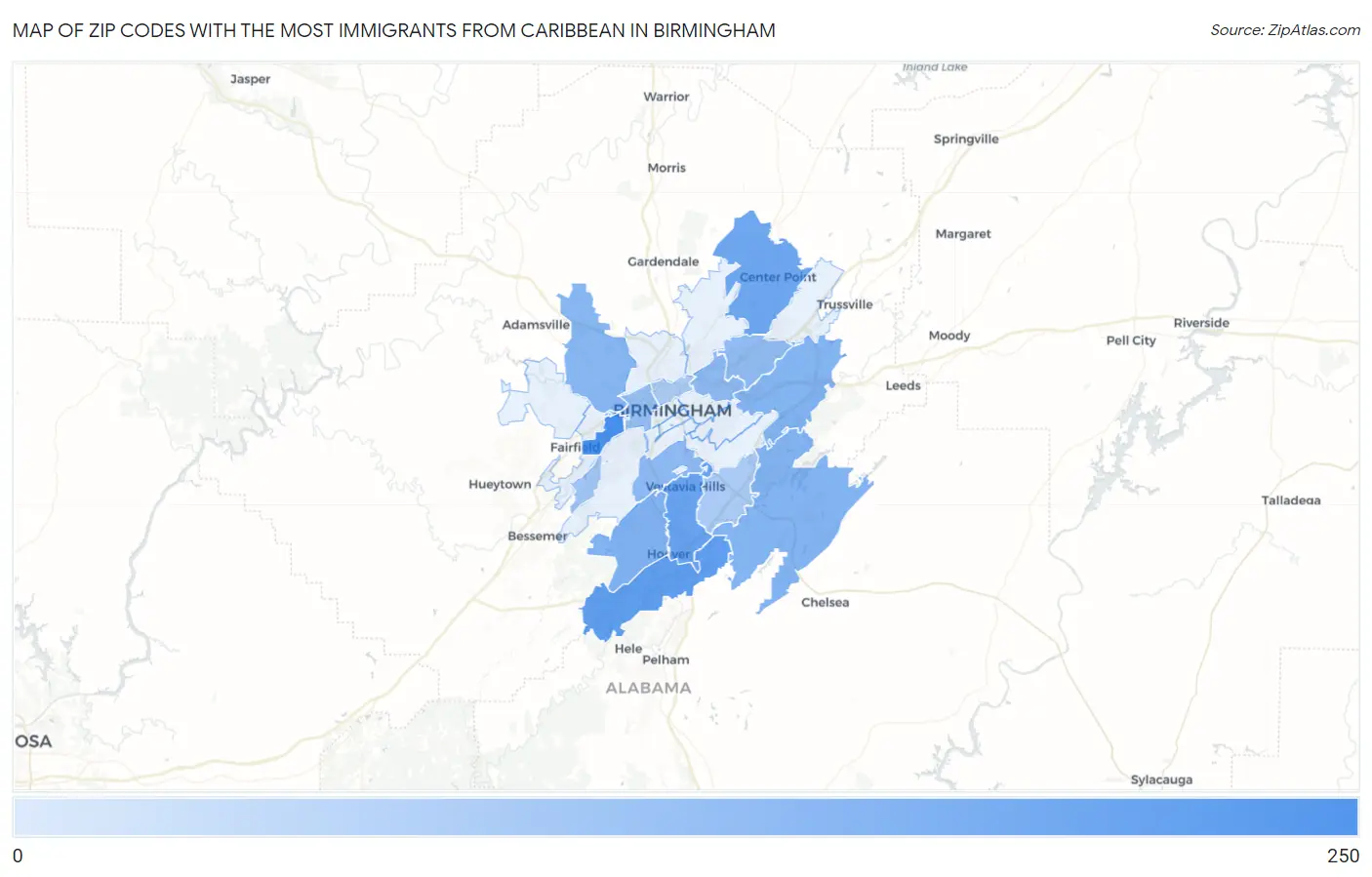 Zip Codes with the Most Immigrants from Caribbean in Birmingham Map