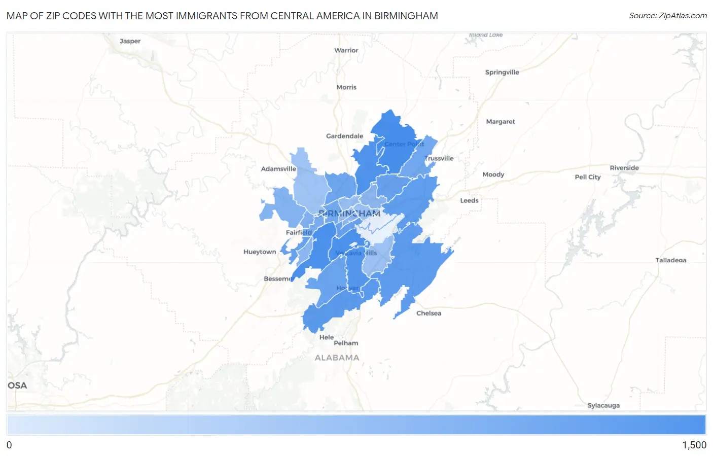 Zip Codes with the Most Immigrants from Central America in Birmingham Map