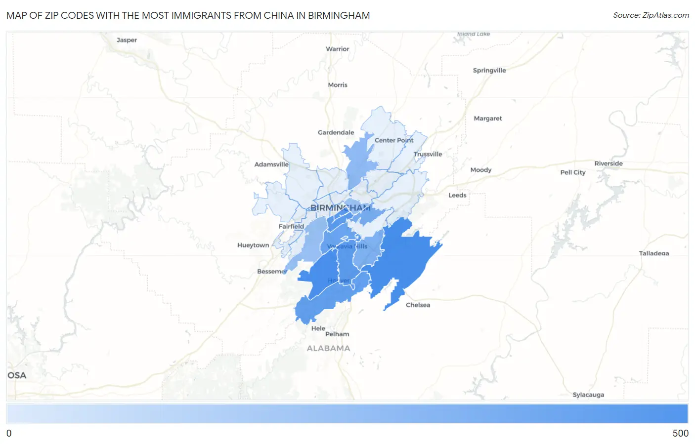 Zip Codes with the Most Immigrants from China in Birmingham Map