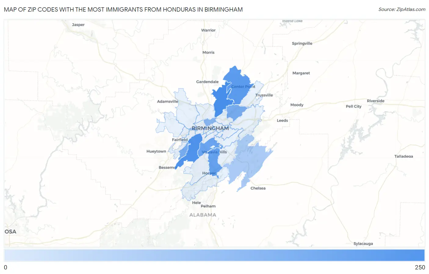 Zip Codes with the Most Immigrants from Honduras in Birmingham Map