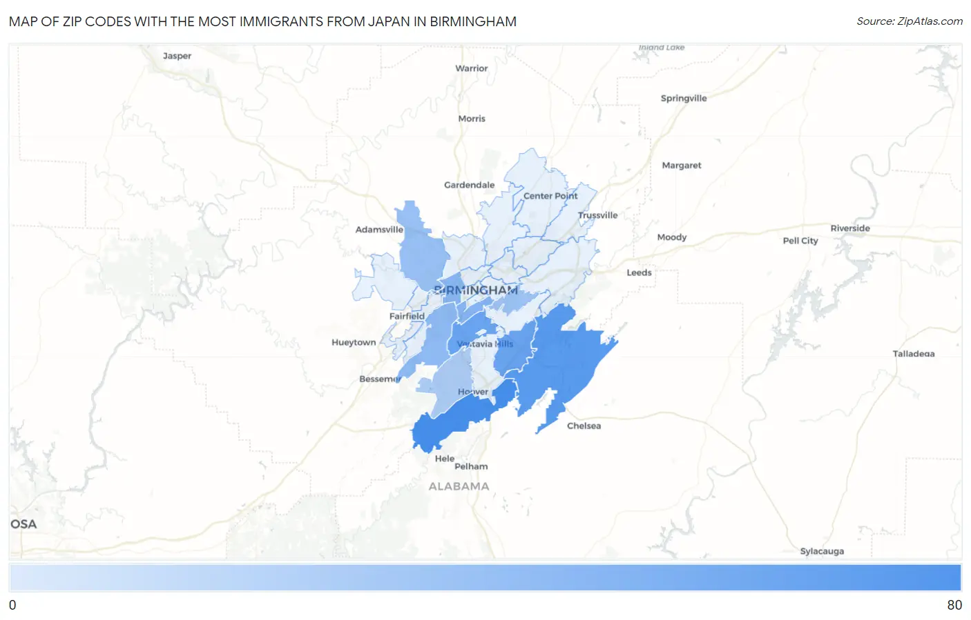 Zip Codes with the Most Immigrants from Japan in Birmingham Map