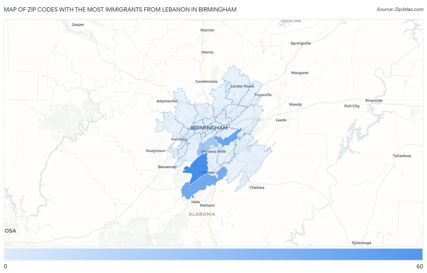 Zip Codes with the Most Immigrants from Lebanon in Birmingham Map
