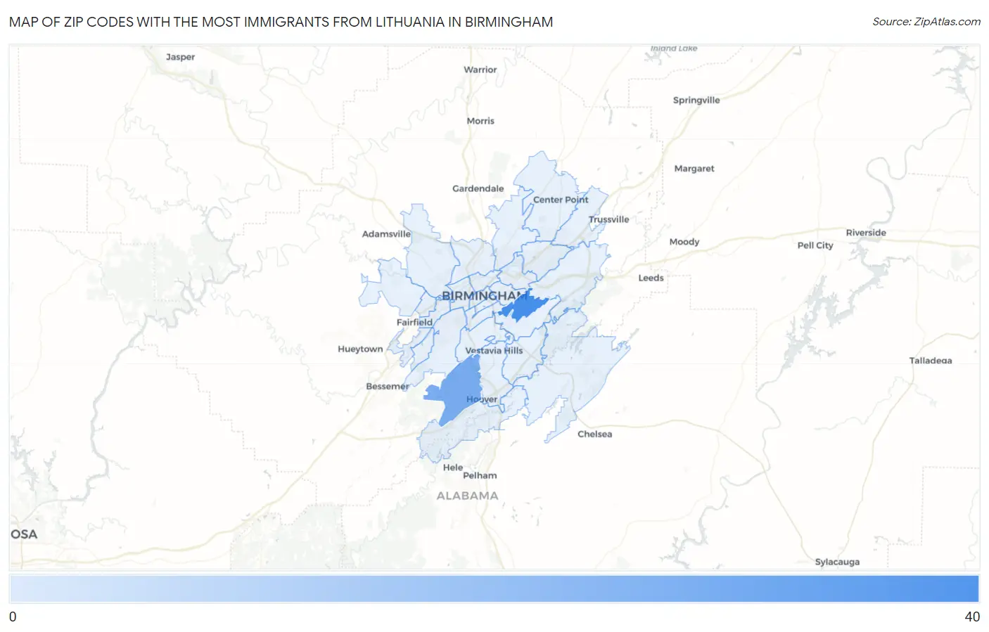 Zip Codes with the Most Immigrants from Lithuania in Birmingham Map