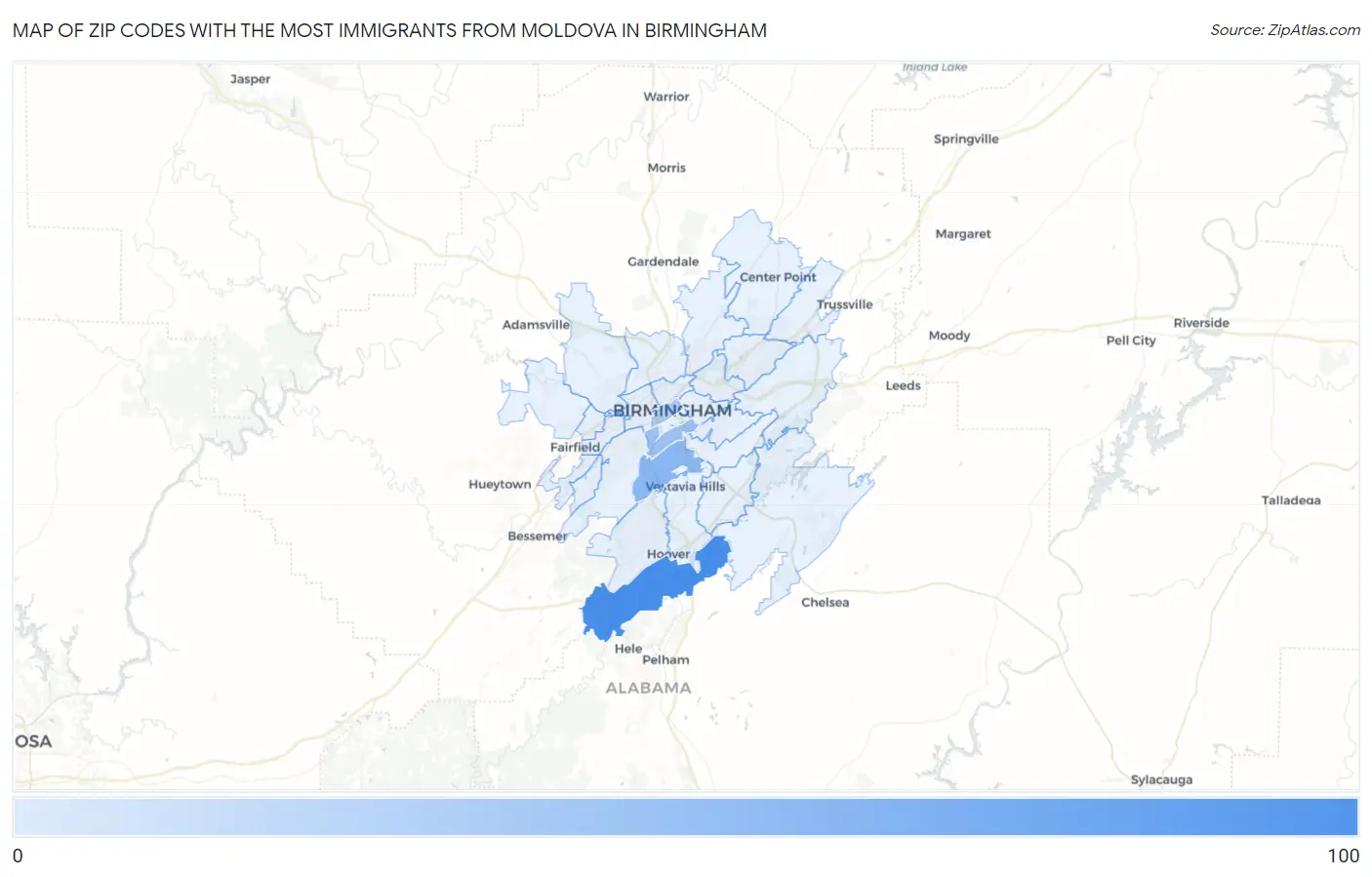 Zip Codes with the Most Immigrants from Moldova in Birmingham Map