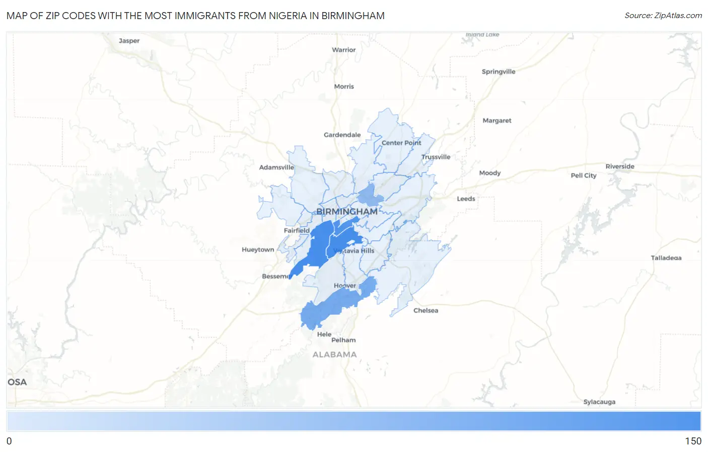 Zip Codes with the Most Immigrants from Nigeria in Birmingham Map