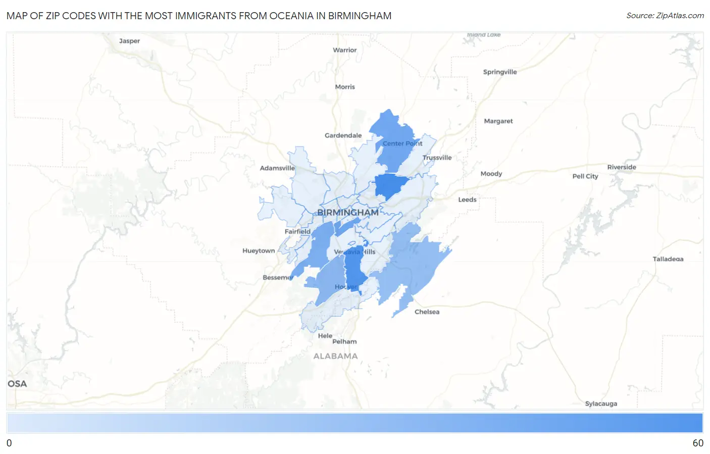 Zip Codes with the Most Immigrants from Oceania in Birmingham Map