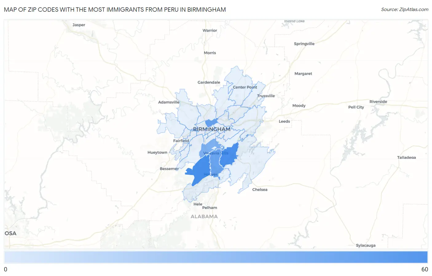 Zip Codes with the Most Immigrants from Peru in Birmingham Map