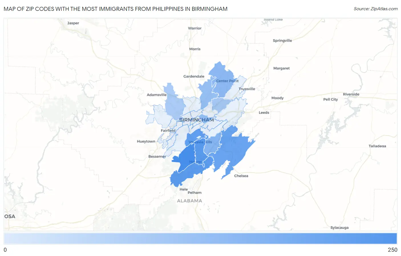 Zip Codes with the Most Immigrants from Philippines in Birmingham Map