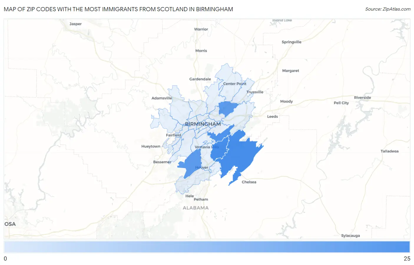 Zip Codes with the Most Immigrants from Scotland in Birmingham Map