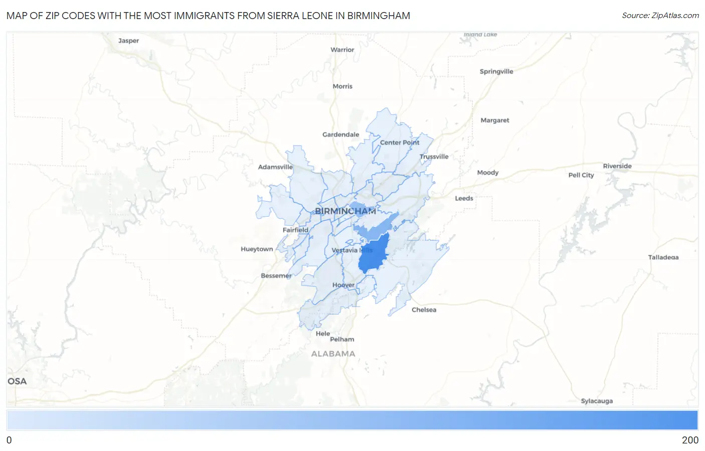 Zip Codes with the Most Immigrants from Sierra Leone in Birmingham Map