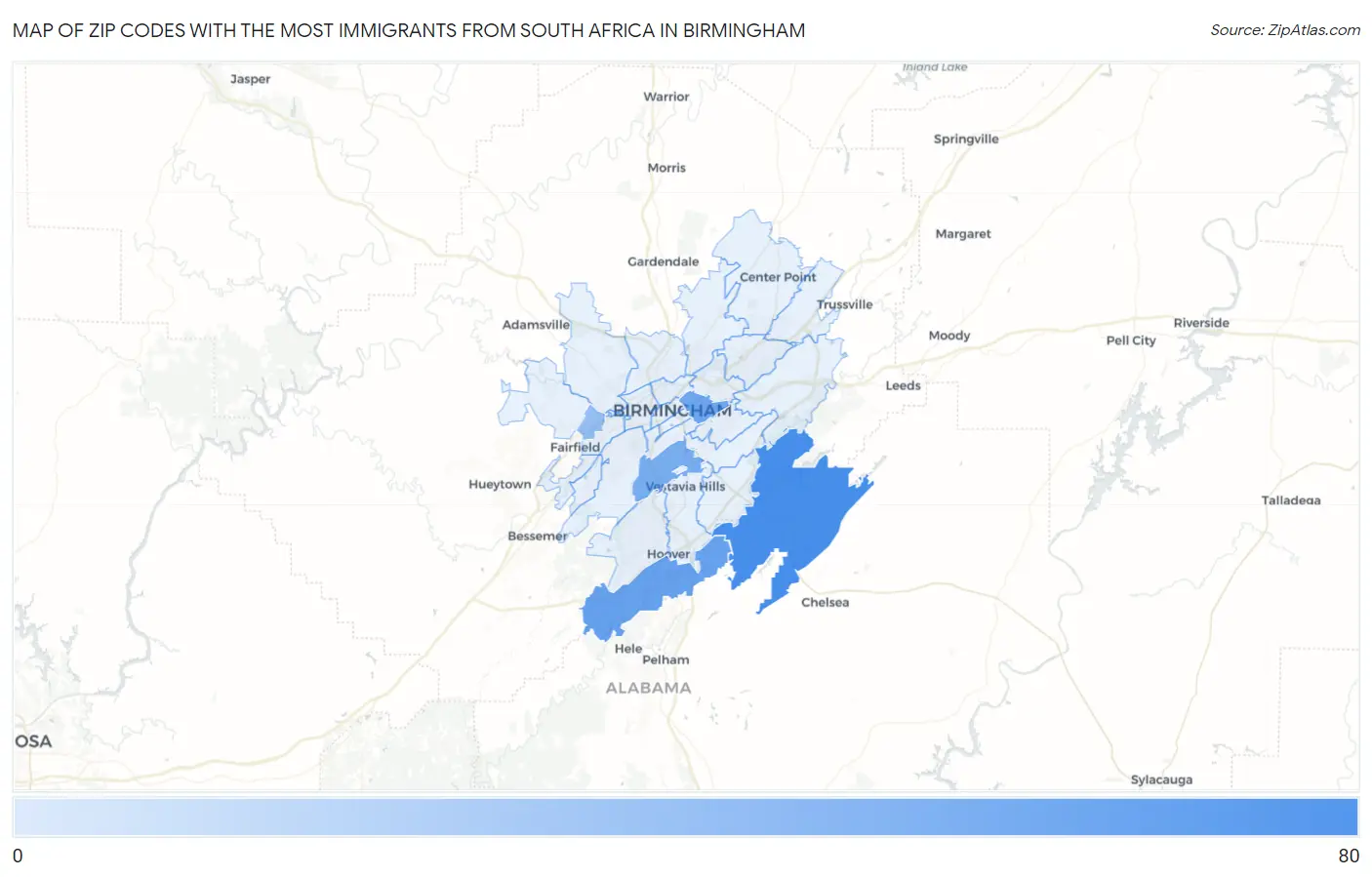 Zip Codes with the Most Immigrants from South Africa in Birmingham Map