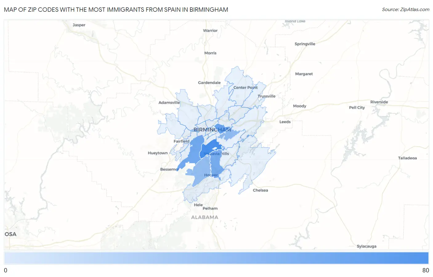 Zip Codes with the Most Immigrants from Spain in Birmingham Map