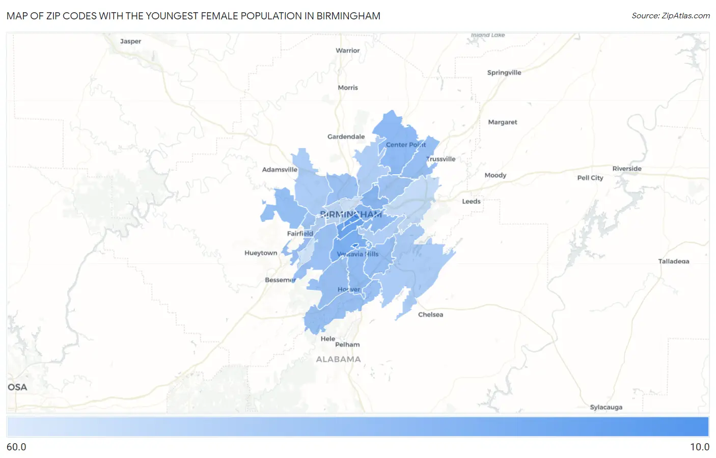 Zip Codes with the Youngest Female Population in Birmingham Map