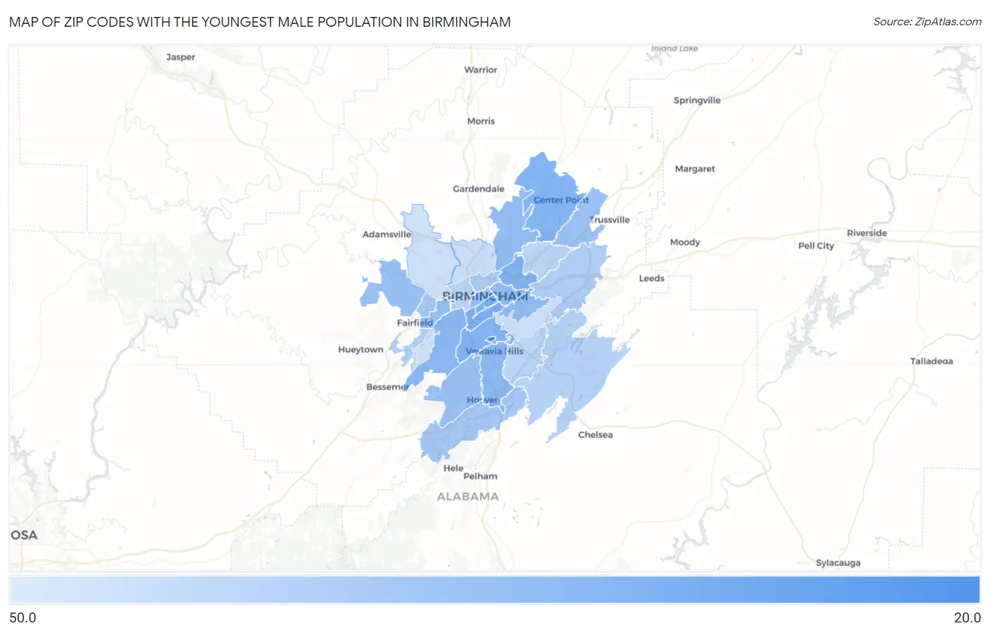Zip Codes with the Youngest Male Population in Birmingham Map