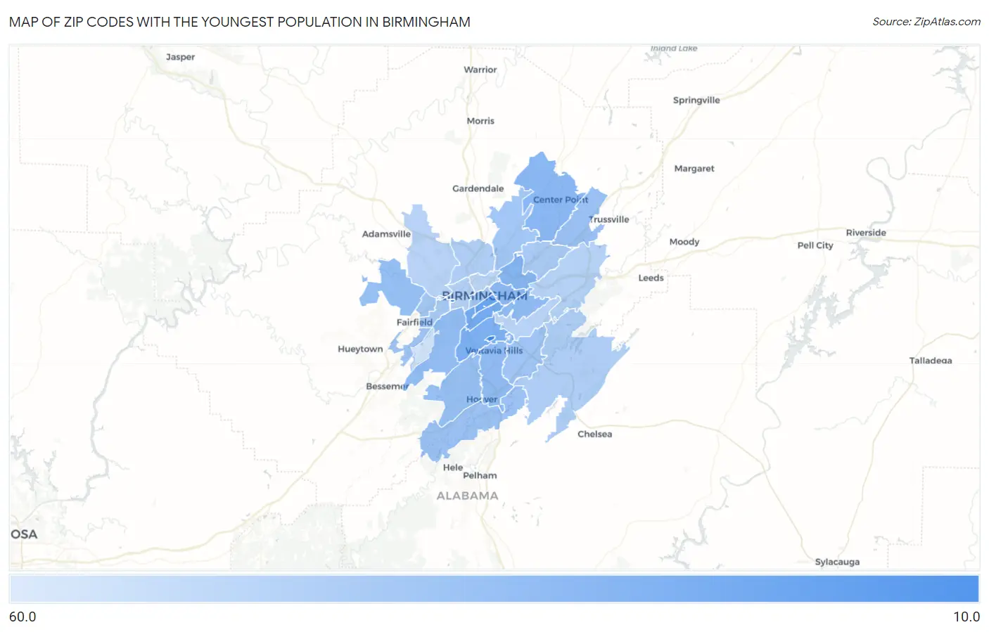Zip Codes with the Youngest Population in Birmingham Map