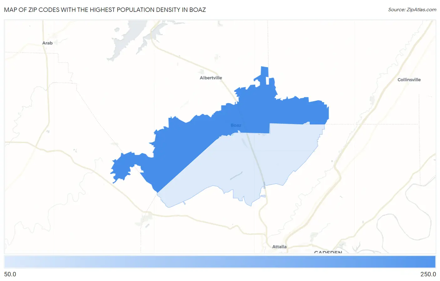 Zip Codes with the Highest Population Density in Boaz Map