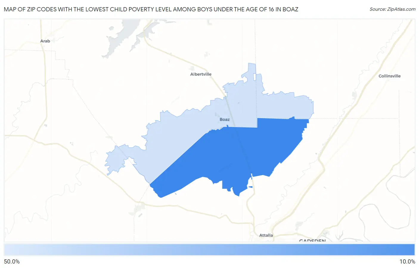 Zip Codes with the Lowest Child Poverty Level Among Boys Under the Age of 16 in Boaz Map