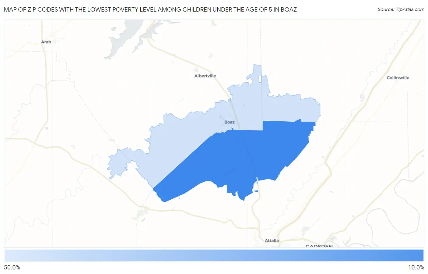 Zip Codes with the Lowest Poverty Level Among Children Under the Age of 5 in Boaz Map