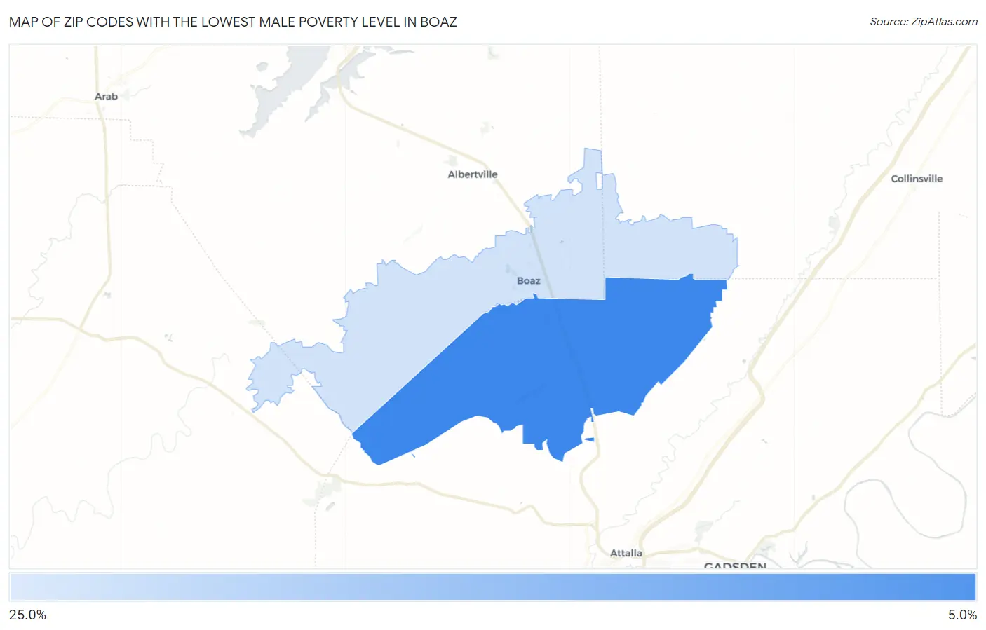 Zip Codes with the Lowest Male Poverty Level in Boaz Map