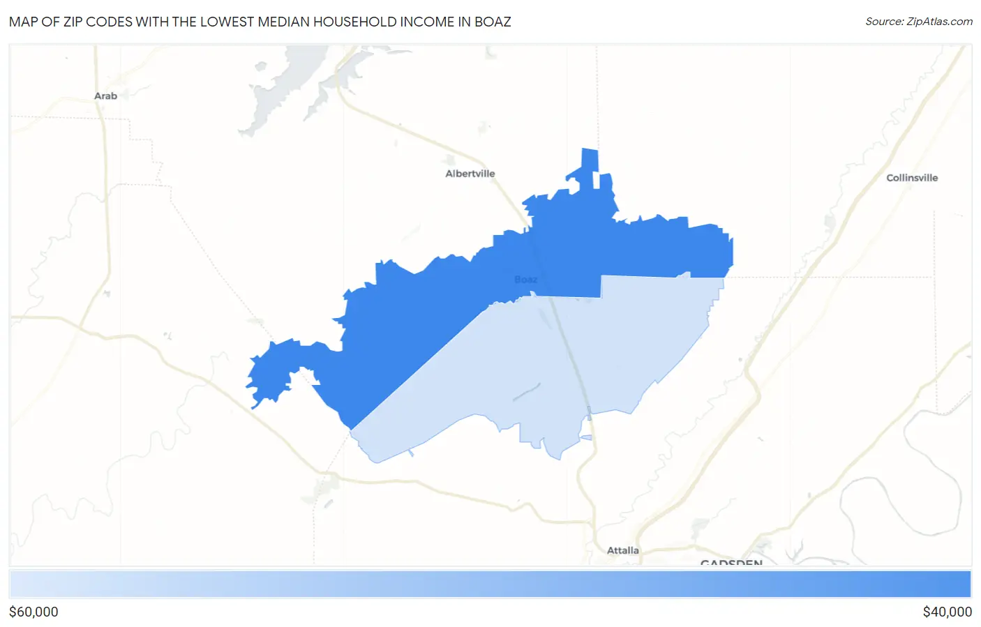 Zip Codes with the Lowest Median Household Income in Boaz Map