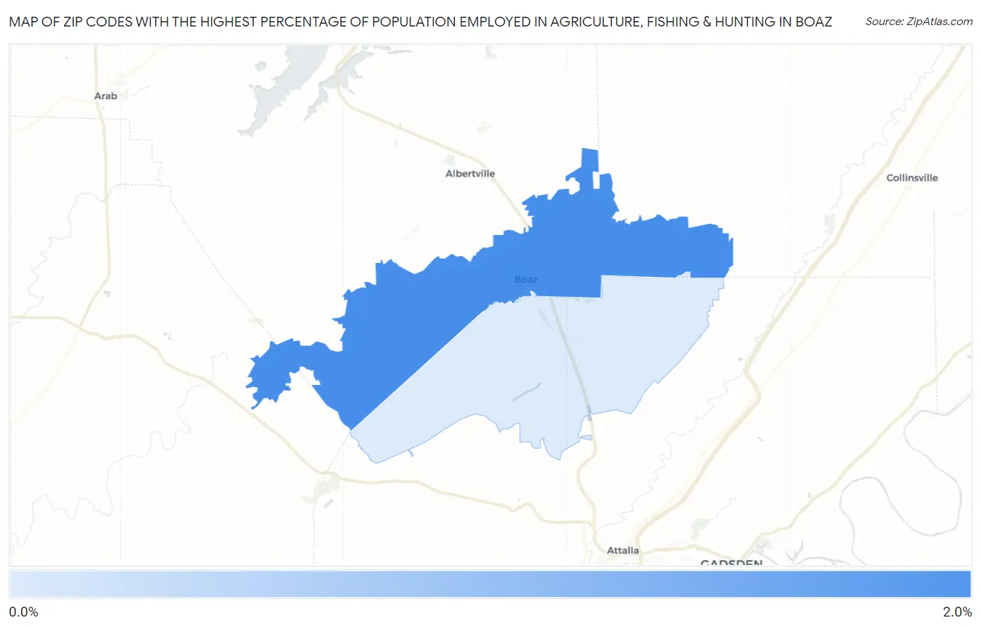 Zip Codes with the Highest Percentage of Population Employed in Agriculture, Fishing & Hunting in Boaz Map