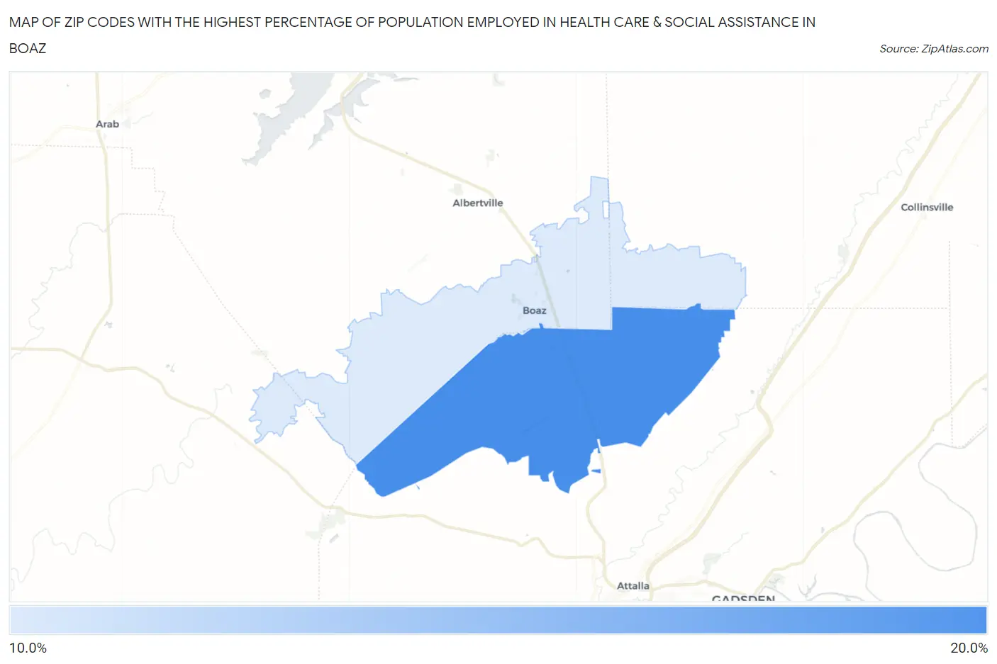 Zip Codes with the Highest Percentage of Population Employed in Health Care & Social Assistance in Boaz Map