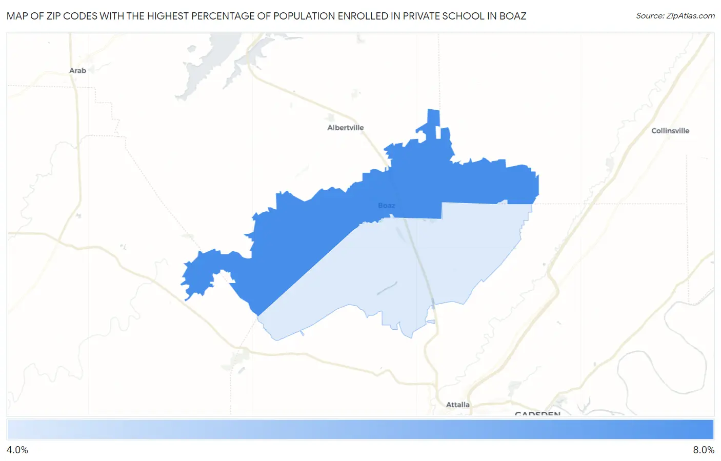 Zip Codes with the Highest Percentage of Population Enrolled in Private School in Boaz Map