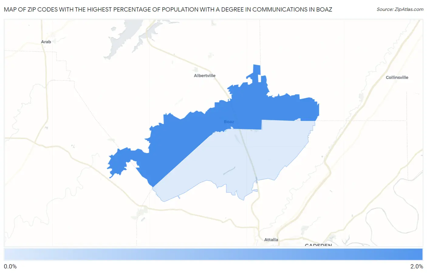 Zip Codes with the Highest Percentage of Population with a Degree in Communications in Boaz Map