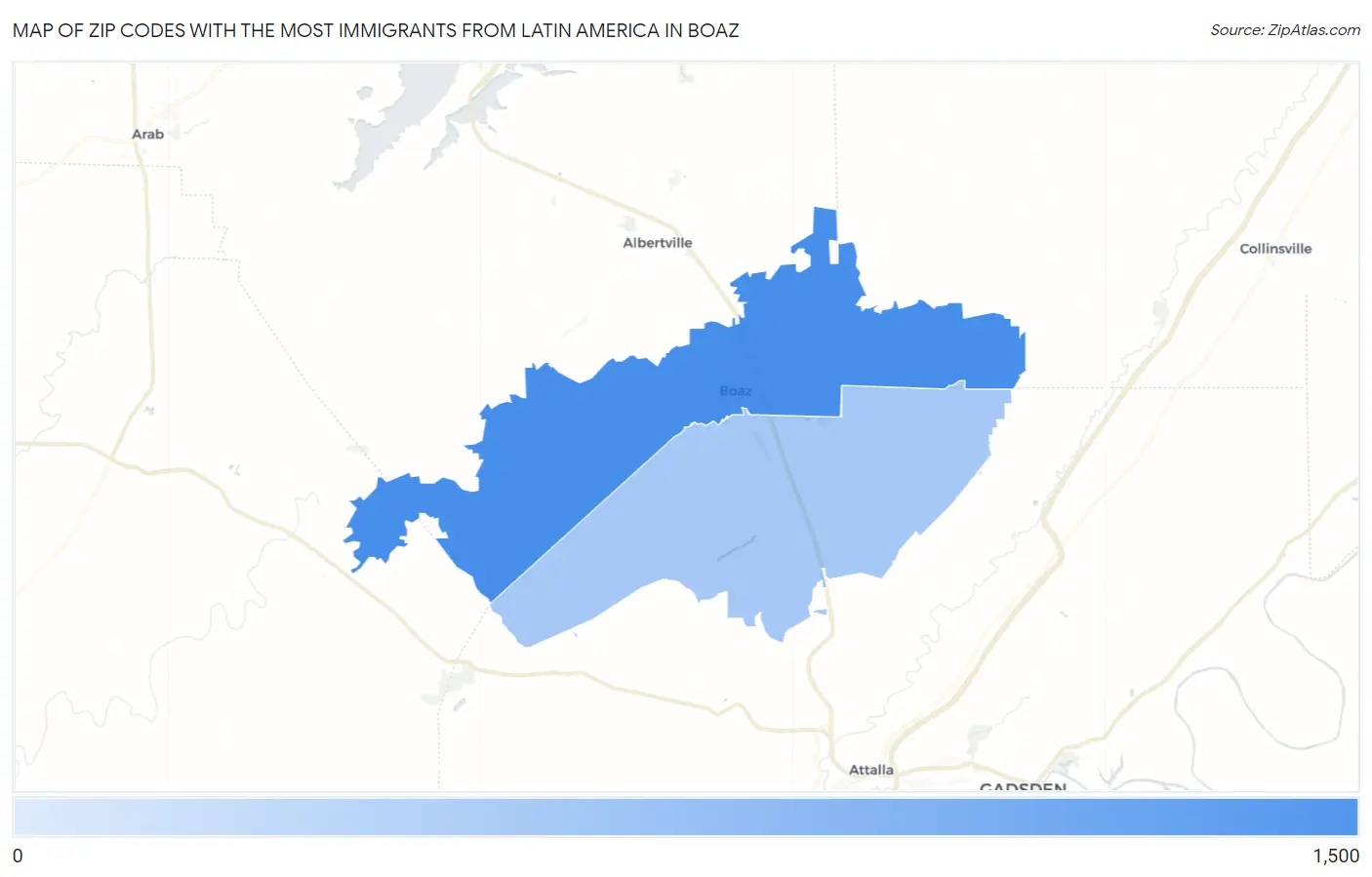 Zip Codes with the Most Immigrants from Latin America in Boaz Map