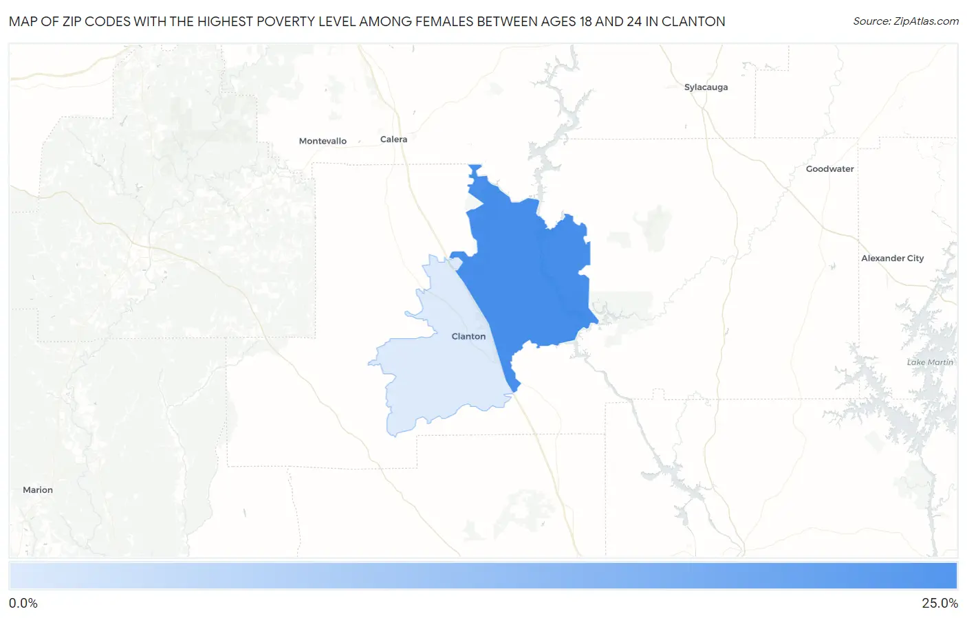 Zip Codes with the Highest Poverty Level Among Females Between Ages 18 and 24 in Clanton Map