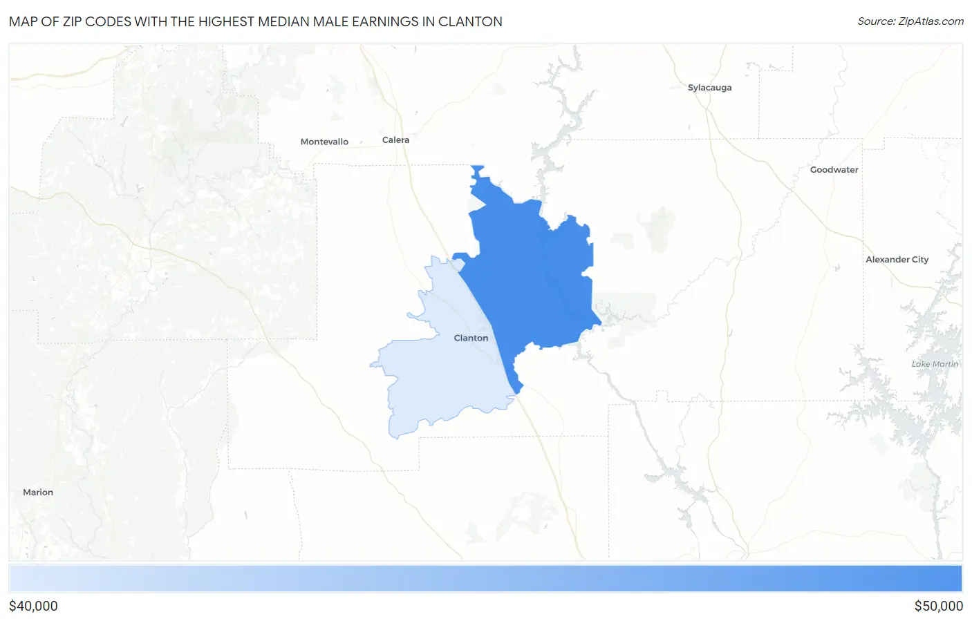 Zip Codes with the Highest Median Male Earnings in Clanton Map