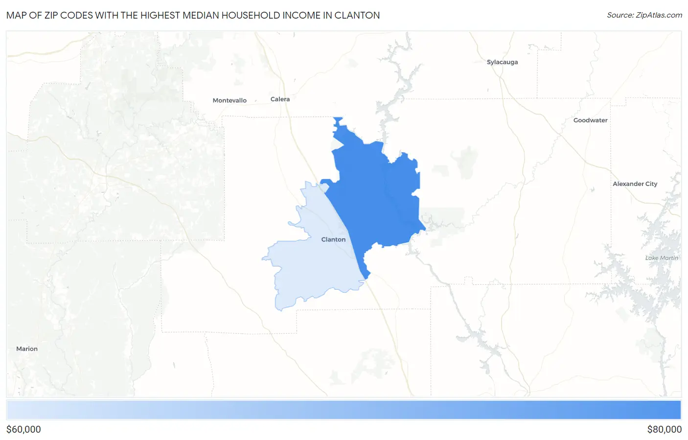 Zip Codes with the Highest Median Household Income in Clanton Map