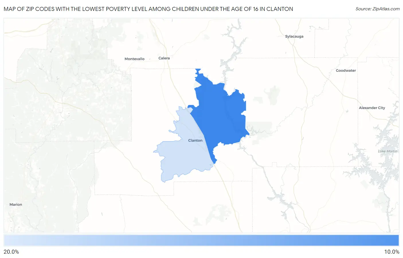 Zip Codes with the Lowest Poverty Level Among Children Under the Age of 16 in Clanton Map