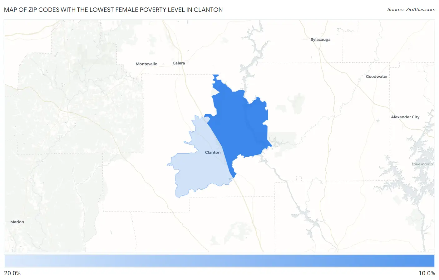 Zip Codes with the Lowest Female Poverty Level in Clanton Map