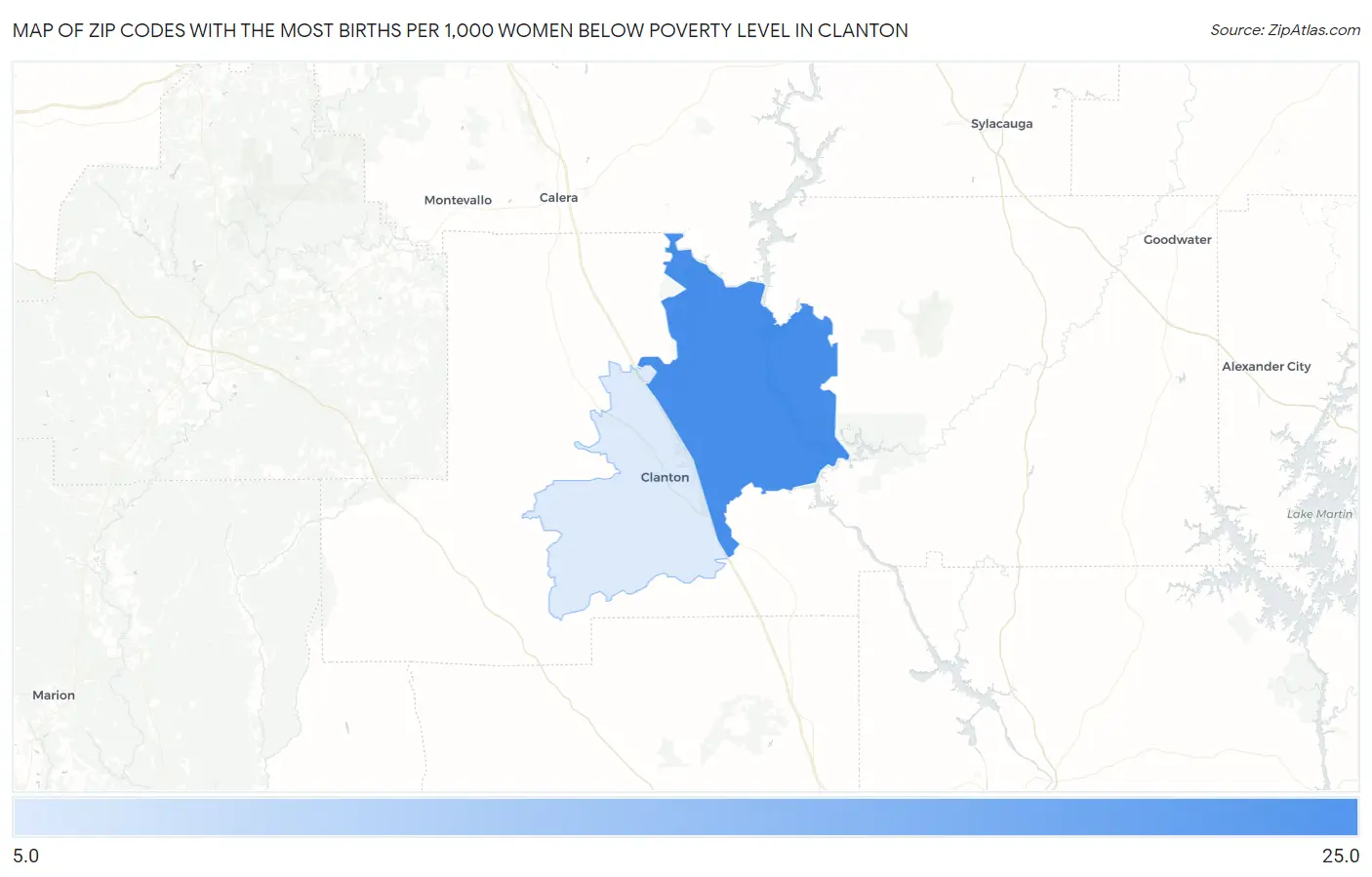 Zip Codes with the Most Births per 1,000 Women Below Poverty Level in Clanton Map