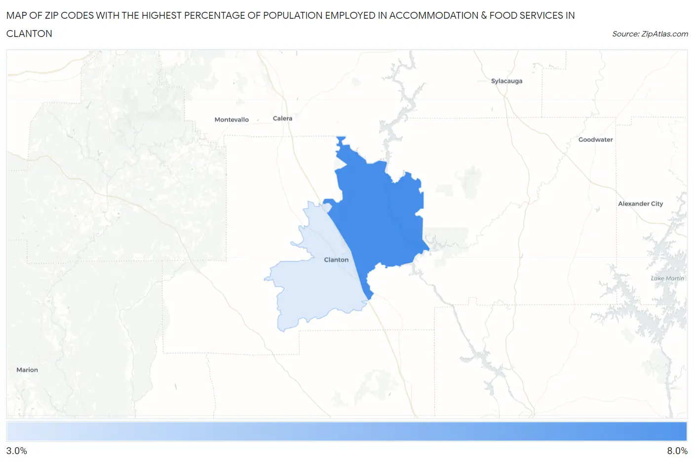 Zip Codes with the Highest Percentage of Population Employed in Accommodation & Food Services in Clanton Map