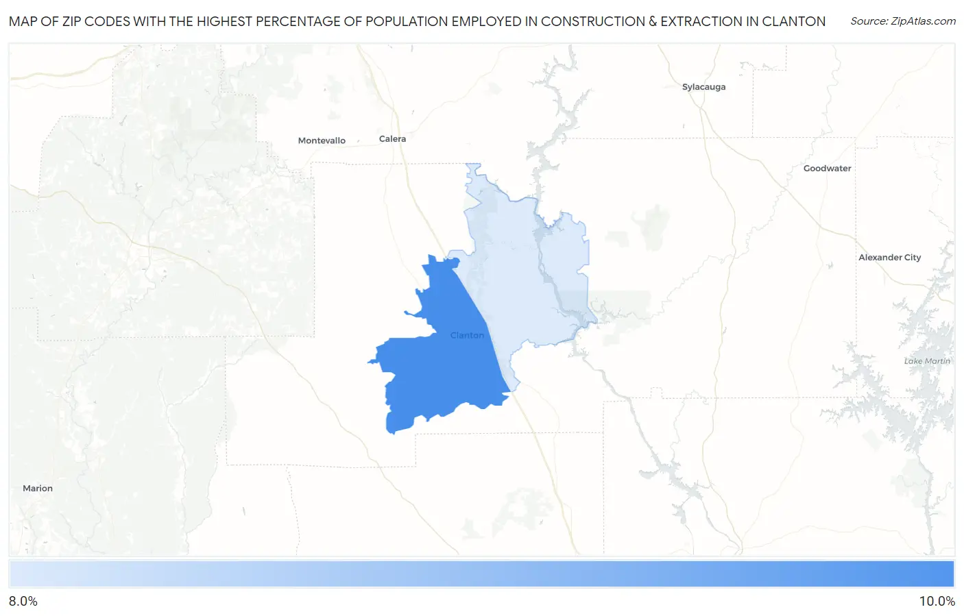 Zip Codes with the Highest Percentage of Population Employed in Construction & Extraction in Clanton Map