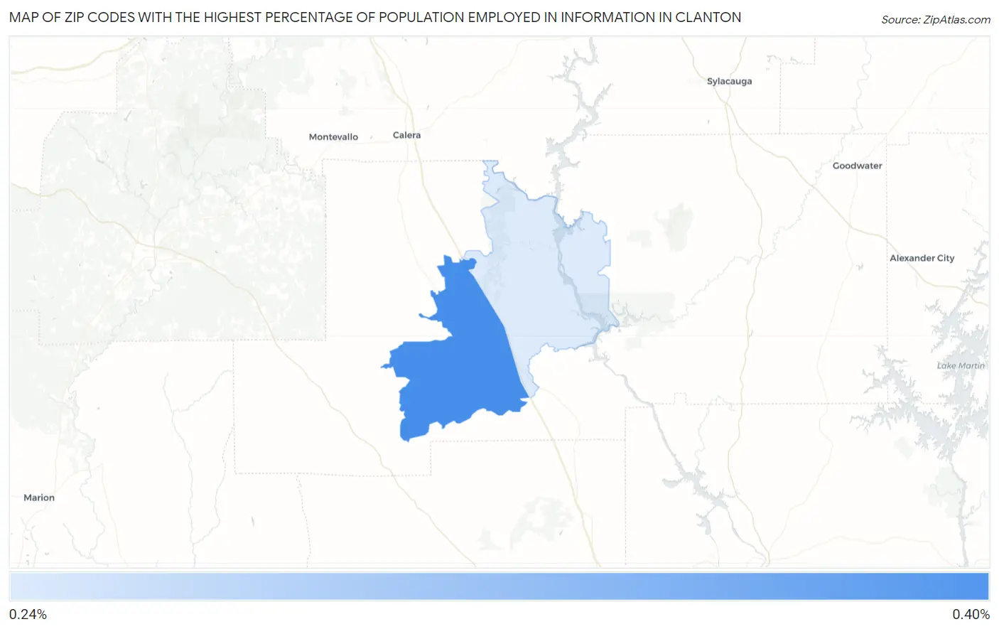 Zip Codes with the Highest Percentage of Population Employed in Information in Clanton Map