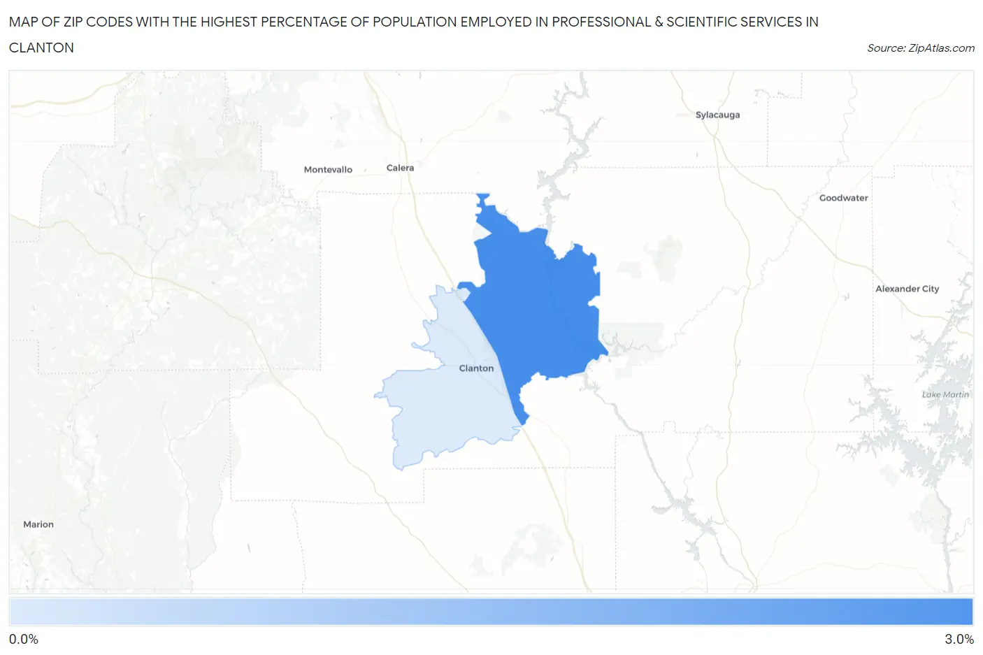 Zip Codes with the Highest Percentage of Population Employed in Professional & Scientific Services in Clanton Map