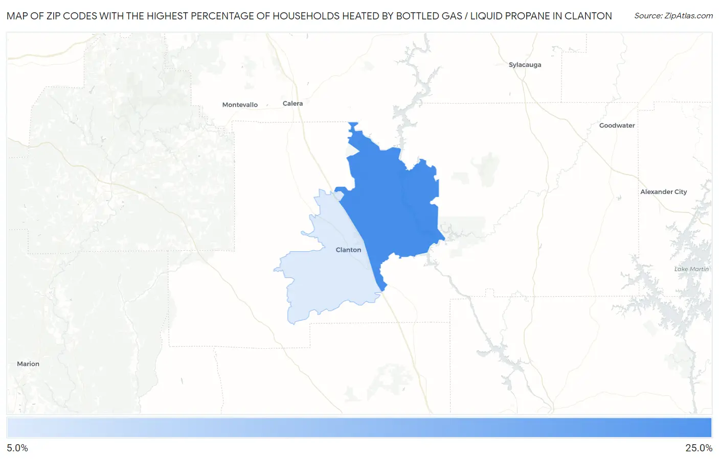 Zip Codes with the Highest Percentage of Households Heated by Bottled Gas / Liquid Propane in Clanton Map