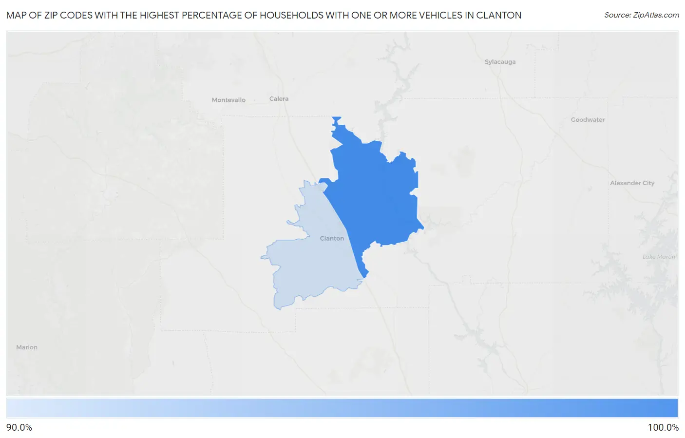 Zip Codes with the Highest Percentage of Households With One or more Vehicles in Clanton Map